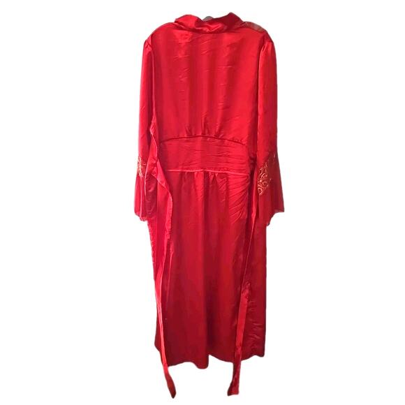 Vtg Red Paisley Open Front Long Length Lace Old Money Robe Womans Size Large - Picture 2 of 4